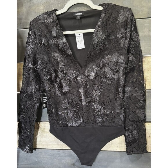 NWT Express Black Lace Sheer Embroidered V-Neck Long Sleeve Thong Bodysuit S - Picture 3 of 6